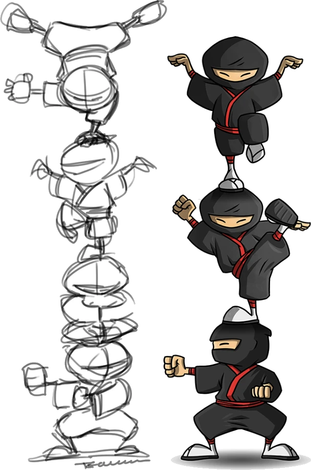 We are Ninjas - das NinjaConcept Team, daneben die Bleistift-Skizze